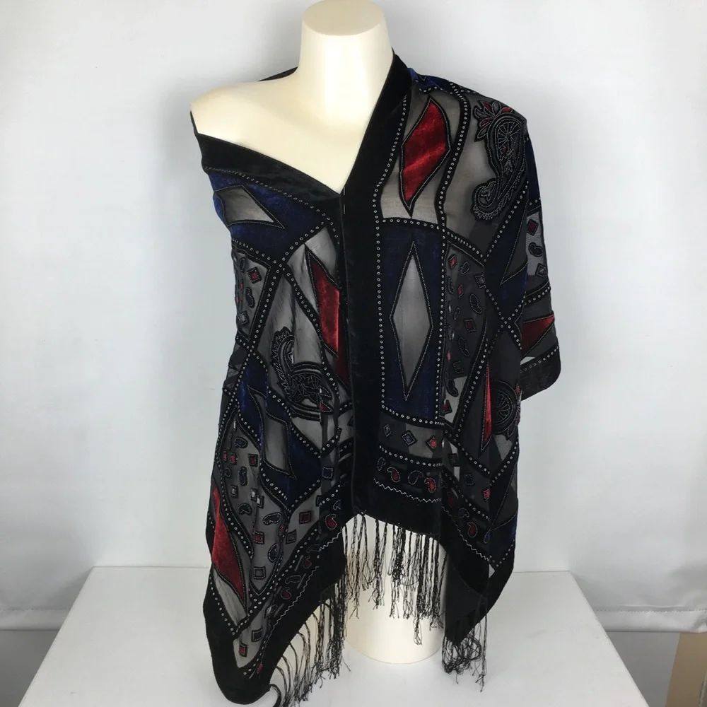 Black Velvet Burnout Paisley Silk-Blend Shawl Scarf Wrap Red & Blue Diamonds